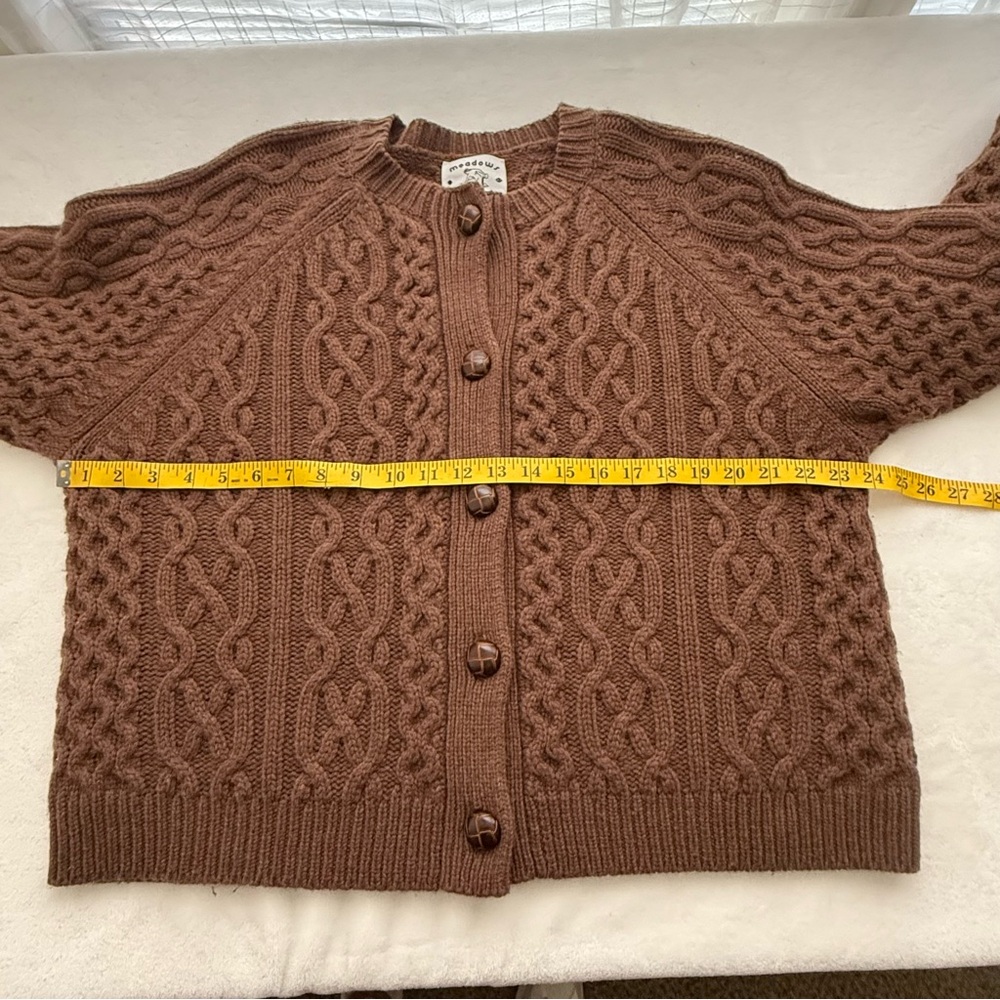 Meadows Quince Thick Cable Knit 100% Wool Cardigan Size US 6 Chocolate Brown - Picture 9 of 10
